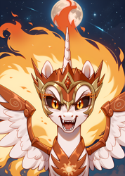 Size: 1776x2496 | Tagged: safe, ai content, derpibooru import, machine learning generated, daybreaker, alicorn, pony, armor, bust, female, helmet, looking at you, mane of fire, mare, moon, night, open mouth, portrait, prompter:bluetoothworld, sharp teeth, solo, spread wings, teeth, wing armor, wings