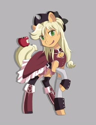 Size: 2318x3000 | Tagged: safe, artist:jitterbugjive, derpibooru import, applejack, earth pony, pony, g4, :d, anime, apple, boots, charlotte (madoka magica), clothes, crossover, dress, fangs, female, food, gray background, hat, kyoko sakura, looking at you, magical girl, mare, open mouth, open smile, puella magi madoka magica, raised hoof, raised leg, shoes, simple background, smiling, socks, soul gem, thigh highs, wrist cuffs