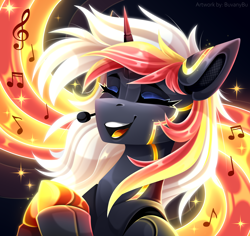 Size: 3000x2826 | Tagged: safe, artist:buvanybu, derpibooru import, oc, oc only, oc:velvet remedy, pony, robot, robot pony, unicorn, fallout equestria, commission, horn, microphone, music notes, roboticization, singing, solo