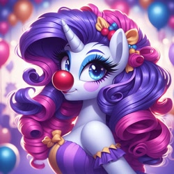 Size: 1024x1024 | Tagged: safe, ai content, derpibooru import, generator:bing image creator, generator:dall-e 3, machine learning generated, rarity, anthro, unicorn, g4, balloon, clothes, clown, clown nose, female, horn, makeup, mare, prompter:heydude5321, red nose, solo