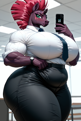 Size: 768x1152 | Tagged: safe, ai content, derpibooru exclusive, derpibooru import, generator:stable diffusion, machine learning generated, tempest shadow, anthro, unicorn, series:office ponies, g4, big breasts, breasts, broken horn, butt, cellphone, clothes, female, horn, huge breasts, large butt, muscles, muscular female, necktie, office, pants, phone, prompter:professordoctorc, scar, shirt, tempest pillows, thighs, thunder thighs, watch, wristwatch