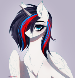 Size: 4039x4192 | Tagged: safe, artist:krissstudios, derpibooru import, oc, oc:eclipse, alicorn, pony, absurd resolution, alternate hairstyle, bust, female, gray background, mare, portrait, simple background, solo