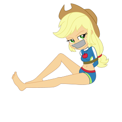 Size: 2000x2000 | Tagged: safe, artist:nie-martw-sie-o-mnie, derpibooru import, applejack, human, equestria girls, forgotten friendship, g4, applejack's beach shorts swimsuit, applesub, barefoot, belly, belly button, bondage, cowboy hat, equestria girls specials, feet, female, femsub, freckles, gag, hat, rope, rope bondage, simple background, sitting, solo, submissive, tape, tape gag, transparent background