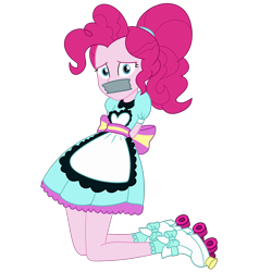 Size: 2000x2000 | Tagged: safe, artist:nie-martw-sie-o-mnie, derpibooru import, pinkie pie, human, coinky-dink world, eqg summertime shorts, equestria girls, g4, apron, arm behind back, clothes, female, femsub, gag, kneeling, looking at you, pinkiesub, roller skates, simple background, skates, solo, submissive, tape, tape gag, transparent background, uniform, waitress