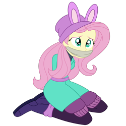 Size: 2000x2000 | Tagged: safe, artist:nie-martw-sie-o-mnie, derpibooru import, fluttershy, human, equestria girls, g4, holidays unwrapped, arm behind back, cloth gag, clothes, equestria girls specials, fake ears, female, femsub, fluttersub, gag, kneeling, simple background, solo, submissive, transparent background, winter outfit