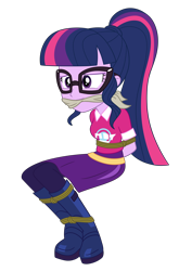 Size: 1582x2400 | Tagged: safe, artist:nie-martw-sie-o-mnie, derpibooru import, sci-twi, twilight sparkle, human, better together, equestria girls, festival filters, g4, bondage, boots, bound and gagged, cleave gag, cloth gag, clothes, female, femsub, gag, glasses, music festival outfit, rope, rope bondage, shoes, simple background, sitting, skirt, solo, submissive, transparent background, twisub