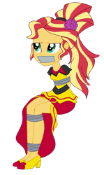 Size: 2000x3360 | Tagged: safe, artist:nie-martw-sie-o-mnie, derpibooru import, sunset shimmer, human, dance magic, equestria girls, g4, bondage, bound and gagged, equestria girls specials, female, femsub, flamenco dress, gag, high heels, shoes, simple background, sitting, solo, submissive, subset, sunset shimmer flamenco dress, tape, tape bondage, tape gag, transparent background