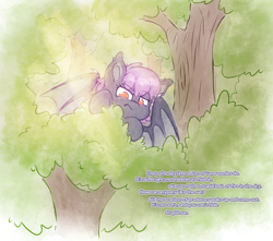 Size: 3276x2897 | Tagged: safe, artist:fluffyxai, derpibooru import, oc, oc only, bat pony, forest, freckles, hiding, leaves, nature, solo, tree, wings