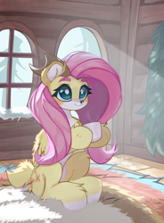 Size: 3095x4201 | Tagged: safe, artist:jfrxd, derpibooru import, fluttershy, deer, pegasus, pony, commission, solo