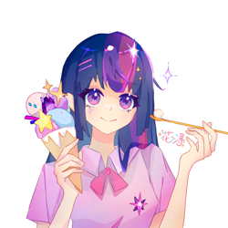 Size: 1440x1440 | Tagged: safe, artist:huaxun81146, derpibooru import, twilight sparkle, human, g4, anime style, clothes, collared shirt, holding, humanized, ice cream cone, looking at you, ribbon bow tie, shirt, short sleeves, simple background, smiling, smiling at you, solo, sparkles, spoon, t-shirt, upper body, white background