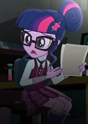 Size: 731x1033 | Tagged: safe, derpibooru import, screencap, sci-twi, twilight sparkle, human, equestria girls, friendship games, g4, chair, clothes, cropped, crystal prep, crystal prep academy uniform, necktie, paper, sat, school tie, school uniform, schoolgirl, solo, test tube, uniform