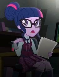 Size: 805x1062 | Tagged: safe, derpibooru import, screencap, sci-twi, twilight sparkle, human, equestria girls, friendship games, g4, annoyed, chair, clothes, crystal prep, crystal prep academy uniform, necktie, paper, sat, school tie, school uniform, schoolgirl, solo, test tube, uniform