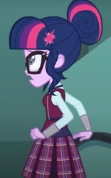 Size: 755x1213 | Tagged: safe, derpibooru import, screencap, sci-twi, twilight sparkle, human, equestria girls, friendship games, g4, clothes, cropped, crystal prep academy, crystal prep academy uniform, hallway, necktie, nervous, school tie, school uniform, schoolgirl, singing, solo, staircase, uniform, walking