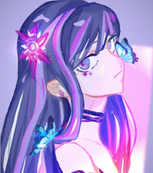 Size: 1056x1188 | Tagged: safe, artist:huaxun81146, derpibooru import, twilight sparkle, butterfly, human, g4, abstract background, bust, female, humanized, portrait, solo