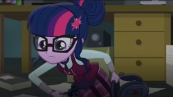 Size: 2160x1217 | Tagged: safe, derpibooru import, screencap, sci-twi, twilight sparkle, human, equestria girls, friendship games, g4, backpack, clothes, crystal prep, crystal prep academy, crystal prep academy uniform, desk, drawer, floor, humanized, necktie, paper, reaching, rucksack, sat, school tie, school uniform, schoolgirl, solo, uniform