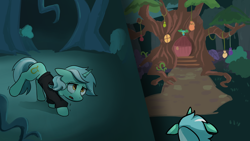 Size: 1920x1080 | Tagged: safe, artist:brella, derpibooru import, lyra heartstrings, pony, unicorn, fanfic:background pony, clothes, cold, dig the swell hoodie, everfree forest, horn, zecora's hut