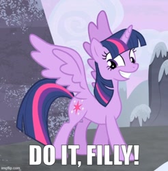 Size: 500x508 | Tagged: safe, derpibooru import, edit, edited screencap, screencap, twilight sparkle, twilight sparkle (alicorn), alicorn, pony, g4, season 5, the cutie map, caption, do it filly, grin, image macro, imgflip, meme, smiling, text