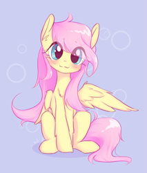 Size: 1923x2252 | Tagged: safe, artist:kaf_pone, derpibooru import, fluttershy, pegasus, pony, :3, blushing, cute, daaaaaaaaaaaw, eye clipping through hair, female, head tilt, looking at you, mare, one wing out, shyabetes, simple background, sitting, smiling, smiling at you, solo, wings