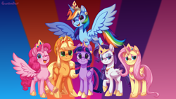 Size: 1920x1080 | Tagged: safe, alternate version, artist:moonseeker, derpibooru import, applejack, fluttershy, pinkie pie, rainbow dash, rarity, twilight sparkle, twilight sparkle (alicorn), alicorn, pony, g4, alicorn six, alicornified, applecorn, bedroom eyes, blushing, crown, everyone is an alicorn, eyeshadow, female, fluttercorn, flying, folded wings, freckles, group, hoof shoes, horn, jewelry, looking at you, makeup, mane six, mare, one eye closed, open mouth, open smile, pinkiecorn, princess shoes, race swap, rainbowcorn, raised hoof, raised leg, raricorn, regalia, sextet, smiling, smiling at you, spread wings, wings, wink, winking at you, xk-class end-of-the-world scenario