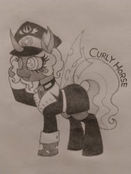 Size: 3060x4080 | Tagged: safe, artist:curly horse, derpibooru import, oc, oc only, oc:kitu elder, changeling, changeling queen, equestria at war mod, black and white, boots, cap, changeling oc, clothes, female, gift art, grayscale, hat, high res, military uniform, monochrome, pencil drawing, raised hoof, raised leg, shoes, simple background, solo, traditional art, uniform, white mane