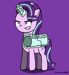 Size: 850x923 | Tagged: safe, artist:moistlimit, derpibooru import, starlight glimmer, pony, unicorn, g4, gun, horn, levitation, magic, purple background, simple background, telekinesis, weapon