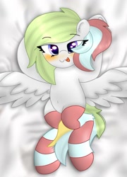 Size: 780x1083 | Tagged: safe, artist:jadebreeze115, derpibooru import, oc, oc only, oc:gamer beauty, pegasus, pony, :3, blushing, body pillow, body pillow design, clothes, commission, looking at you, pegasus oc, socks, solo, spread wings, striped socks, tongue, tongue out, wings, ych result, your character here