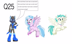 Size: 4788x2937 | Tagged: safe, artist:star153, derpibooru import, silverstream, terramar, oc, anthro, hippogriff, wolf, ask, boots, casual wear, clothes, flying, gloves, hair, long gloves, question, shoes, siblings, simple background, sword, weapon, white background, wings, winter outfit