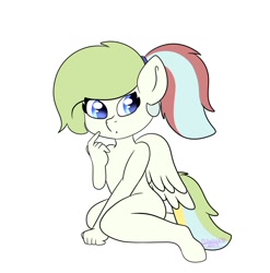 Size: 1140x1152 | Tagged: safe, artist:djwolf, derpibooru import, oc, oc only, oc:gamer beauty, anthro, pegasus, unguligrade anthro, folded wings, pegasus oc, ponytail, simple background, sitting, solo, tail, white background, wings