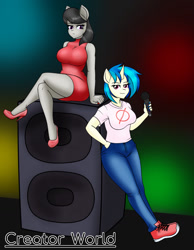 Size: 995x1280 | Tagged: safe, artist:creatorworld, derpibooru import, dj pon-3, octavia melody, vinyl scratch, anthro, earth pony, plantigrade anthro, unicorn, g4, amplifier, big breasts, boyfriend (friday night funkin), breasts, clothes, cosplay, costume, crossed legs, dress, duo, duo female, female, friday night funkin', girlfriend (friday night funkin), hand in pocket, high heels, horn, leaning, lesbian, looking at you, microphone, nail polish, orbtavia, pants, scratchtavia, shipping, shirt, shoes, sitting, smiling, smirk, sneakers, speaker, vinyl stacked