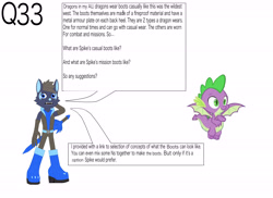 Size: 4495x3266 | Tagged: safe, artist:star153, derpibooru import, spike, oc, anthro, dragon, wolf, g4, ask, blue, blue eyes, boots, brown, claws, ears, feet, flying, green, green eyes, hair, purple, question, shoes, simple background, sonic oc, spurs, sword, tail, teeth, weapon, white background, winged spike, wings