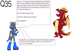 Size: 4495x3266 | Tagged: safe, artist:star153, derpibooru import, garble, oc, anthro, dragon, wolf, g4, ask, blue, brown, claws, feet, food, orange, question, simple background, sonic oc, sword, tail, teeth, weapon, white background, wings