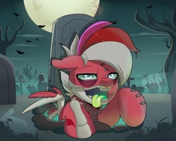 Size: 3287x2636 | Tagged: safe, artist:joaothejohn, derpibooru import, oc, oc:flamebrush, pegasus, pony, undead, zombie, bats!, g4, bone, fog, grave, gravestone, graveyard, halloween, holiday, lidded eyes, looking at something, moon, multicolored hair, pegasus oc, spooky, tongue, tongue out, tree, wings