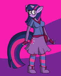 Size: 1200x1500 | Tagged: safe, artist:chibitaylor, derpibooru import, twilight sparkle, unicorn twilight, anthro, unicorn, g4, boots, breasts, clothes, female, freckles, glasses, horn, shirt, shoes, skirt, solo, striped stockings, tail