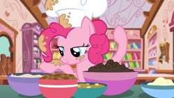 Size: 1920x1080 | Tagged: safe, derpibooru import, screencap, pinkie pie, earth pony, pony, g4, the lost treasure of griffonstone, batter, bowl, cute, diapinkes, food, hat, indoors, kitchen, solo, sugarcube corner, toque