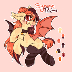 Size: 1280x1277 | Tagged: safe, artist:ruef, derpibooru import, oc, oc only, oc:symme ruins, bat pony, adoptable, collar, female, female oc, thigh socks