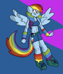 Size: 1200x1400 | Tagged: safe, artist:chibitaylor, derpibooru import, rainbow dash, anthro, pegasus, g4, arm warmers, belly, belly button, clothes, cutie mark on clothes, female, grin, shoes, shorts, smiling, socks, solo, sports bra, spread wings, striped socks, tail, wings