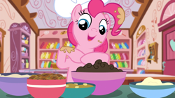 Size: 1920x1080 | Tagged: safe, derpibooru import, screencap, pinkie pie, earth pony, pony, g4, the lost treasure of griffonstone, batter, bowl, cute, diapinkes, food, hat, indoors, kitchen, solo, sugarcube corner, toque