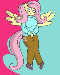 Size: 1200x1500 | Tagged: safe, artist:chibitaylor, derpibooru import, fluttershy, anthro, pegasus, plantigrade anthro, g4, breasts, clothes, cutie mark on clothes, female, pants, shoes, solo, spread wings, sweater, tail, turtleneck, wings