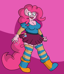 Size: 1300x1500 | Tagged: safe, artist:chibitaylor, derpibooru import, pinkie pie, anthro, earth pony, g4, boots, bracelet, breasts, cleavage, clothes, cutie mark on clothes, female, jewelry, open mouth, open smile, shirt, shoes, skirt, smiling, socks, solo, striped socks, tail