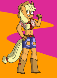 Size: 1100x1500 | Tagged: safe, artist:chibitaylor, derpibooru import, applejack, anthro, earth pony, g4, applejack's hat, belly, belly button, boots, breasts, cleavage, clothes, cowboy hat, cutie mark on clothes, female, flexing, freckles, hat, midriff, ripped shorts, shoes, short shirt, shorts, solo, tail, torn clothes