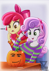 Size: 2000x2883 | Tagged: safe, artist:theretroart88, derpibooru import, apple bloom, sweetie belle, human, equestria girls, g4, ..., bow, breasts, clothes, duo, duo female, female, hair bow, hairband, halloween, high res, holiday, meme, older, older apple bloom, older sweetie belle, open mouth, open smile, pencil, pumpkin, smiling, sparkles, striped clothes, striped sweater, sweater, sweetie boobs, watermark