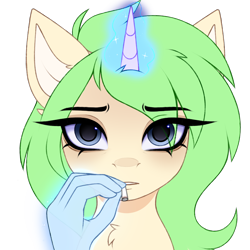 Size: 3000x3000 | Tagged: safe, artist:pesty_skillengton, derpibooru import, oc, pony, unicorn, bust, female, hand, horn, magic, mare, portrait, sad, smoking, solo