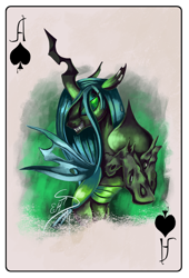 Size: 680x1002 | Tagged: safe, artist:emtscratch, derpibooru import, queen chrysalis, changeling, changeling queen, g4, ace of spades, fangs, female, playing card, solo, spades