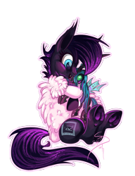 Size: 1116x1450 | Tagged: safe, artist:emtscratch, derpibooru import, queen chrysalis, oc, oc only, oc:dark wave, oc:fluffle puff, bat pony, pony, g4, clothes, costume, fangs, hug, plushie, simple background, solo, transparent background