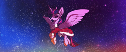 Size: 2000x831 | Tagged: safe, artist:emtscratch, derpibooru import, twilight sparkle, twilight sparkle (alicorn), alicorn, pony, g4, chest fluff, christmas, clothes, costume, ear fluff, ears, eye clipping through hair, female, flying, holiday, mare, santa costume, snow, snowfall, solo, spread wings, wings