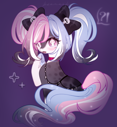 Size: 1270x1378 | Tagged: safe, artist:ksoreek, derpibooru import, oc, oc only, earth pony, pony, blushing, bow, commission, exclamation point, female, hair bow, interrobang, mare, pigtails, question mark, skull, speech bubble, twintails, unshorn fetlocks, unusual pupils