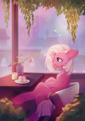 Size: 1280x1817 | Tagged: safe, artist:ksoreek, derpibooru import, fuchsia frost, earth pony, pony, g4, balcony, chair, female, flower, flower pot, food, friendship student, mare, plate, sitting, solo