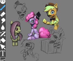 Size: 1080x901 | Tagged: safe, artist:grim_the_end, derpibooru import, applejack, fluttershy, pinkie pie, pony, animatronic, art program in frame, clothes, cosplay, costume, female, five nights at freddy's, ibispaint x, mare, sketch