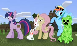 Size: 1410x849 | Tagged: safe, artist:grim_the_end, derpibooru import, angel bunny, fluttershy, rainbow dash, twilight sparkle, unicorn twilight, bat pony, pony, rabbit, unicorn, animal, bat ponified, creeper, female, flutterbat, grass, group, mare, minecraft, race swap, sky, sunglasses, sunglasses on head