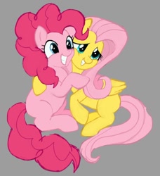 Size: 788x864 | Tagged: safe, artist:grim_the_end, derpibooru import, fluttershy, pinkie pie, earth pony, pegasus, pony, g4, duo, duo female, female, flutterpie, gray background, grin, hug, lesbian, mare, shipping, simple background, smiling, teeth